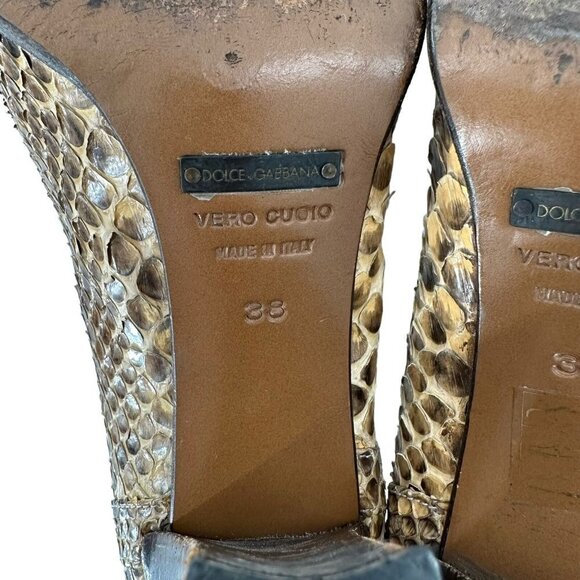 Dolce and Gabbana Brown Python Snakeskin Square Toe Kiltie Pumps Size 38 Heels - Picture 11 of 11